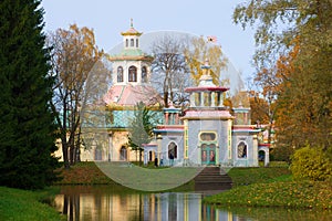 Golden Autumn in Tsarskoe Selo. View of the Creaking Chinese pergola in the Catherine Park. St. Petersburg