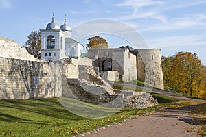 Golden autumn at the walls of the ancient Izborsk fortress. Pskov region