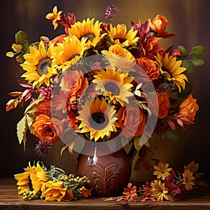 Golden Autumn: A Warm Bouquet of Sunflowers, Marigolds, and Autumn Leaves