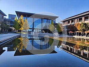 The golden autumn of Yanqi Hotel in sunset Huairou, Beijing