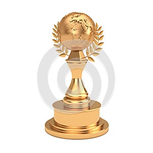 Golden Award Trophy with Golden Earth Globe and Laurel Wreath. 3d Rendering
