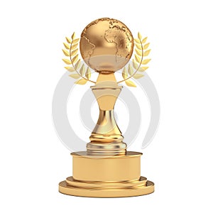 Golden Award Trophy with Golden Earth Globe and Laurel Wreath. 3d Rendering