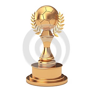 Golden Award Trophy with Golden Football Soccer Ball and Laurel Wreath. 3d Rendering