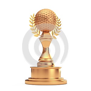 Golden Award Trophy with Golden Golf Ball and Laurel Wreath. 3d Rendering