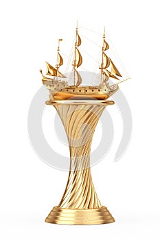 Golden Award Trophy Vintage Tall Sailing Ship, Caravel, Pirate Ship or Warship. 3d Rendering