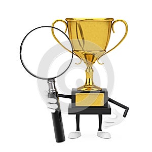 Golden Award Winner Trophy Mascot Person Character with Magnifying Glass. 3d Rendering