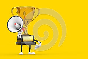 Golden Award Winner Trophy Mascot Person Character with Red Retro Megaphone. 3d Rendering