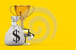 Golden Award Winner Trophy Mascot Person Character with Tied Rustic Canvas Linen Money Sack or Money Bag with Dollar Sign. 3d