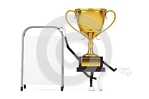 Golden Award Winner Trophy Mascot Person Character with White Blank Advertising Promotion Stand. 3d Rendering