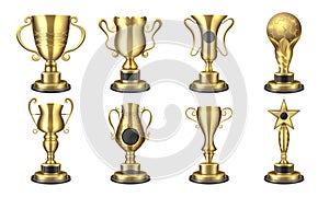 Golden awards. Realistic trophy cup, contest prize 3D design, sport reward concept, win and success elements collection
