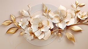 Golden Background with 3D Wallpaper Flowers and Stems AI Generated