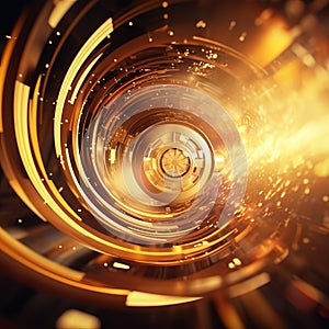 Golden Background With Futuristic Circular Spiral Light - 3d Frame