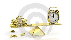 Golden balance scale with currency symbols and alarm clock