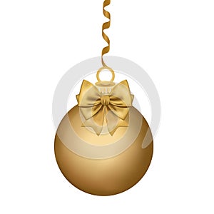 Golden ball with bow. Gold jewelry isolated on white background. Christmas holiday. Design for postcards. Vector illustration