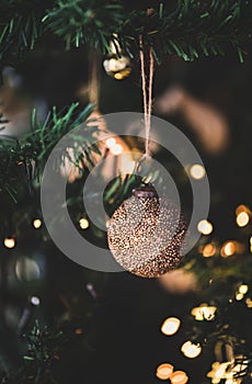 Golden ball on Christmas, New Year festive decorated fur tree