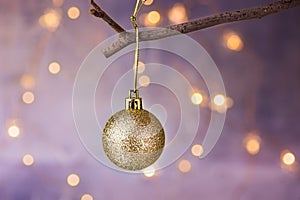 Golden ball Christmas ornament hanging on dry tree branch. Shining garland golden lights. Beautiful pastel background