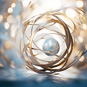 a golden ball in a glass sphere on a blue background