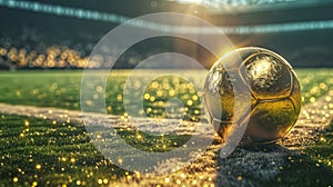 golden ball on the golden soccer field in soccer stadium. ready
