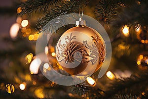 Golden Ball Ornament on a Decorated Christmas Tree with Festive Lights - Glittering Holiday Delight. created with Generative AI