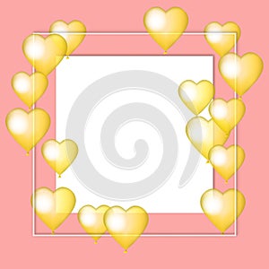 Golden balloon hearts on pink background. Valentine vector card hearts collage. Wedding, anniversary, birthday, Valentine`s day