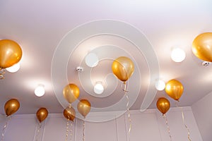golden balloons on the ceiling. Simple and spectacular decoration for the party.