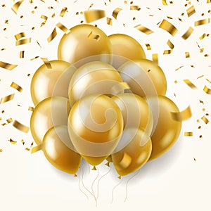 Golden balloons with falling gold ribbons. Realistic shiny festive decor elements, balloon and confetti, birthday party