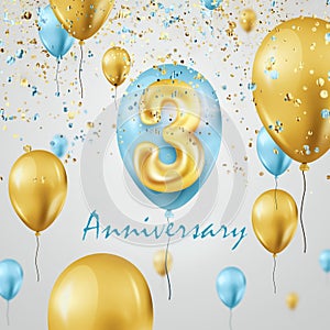 Golden balloons numbers 3 years anniversary celebration, golden and turquoise balloons and confetti. Celebration template,