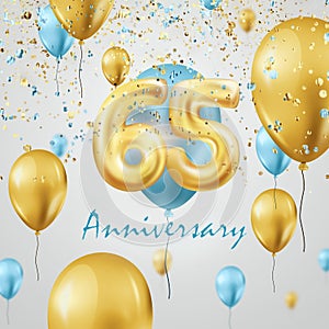 Golden balloons numbers 65 years anniversary celebration, golden and turquoise balloons and confetti. Celebration template,