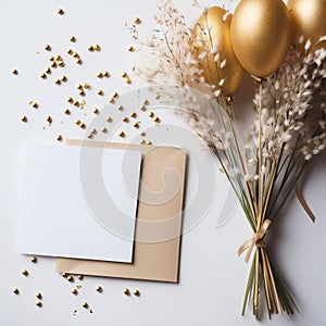 Golden balloons, rag bouquet and confetti with copy space background. Birthday or party mockup festive greeting card