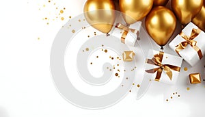 Golden balloons, white gifts arcade jump, confetti, aerial view.New Year\'s Eve white background, banner with space for you