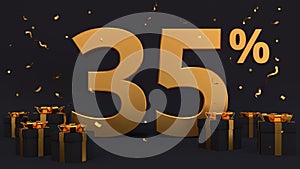 Golden banner 35 percent discount on a black background. Surrounded by gifts and golden confetti. 3d render illustration