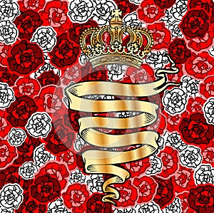 Golden Banner And Crown On Roses Background.