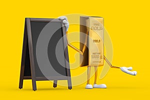 Golden Bar Cartoon Person Character Mascot with Blank Wooden Menu Blackboards Outdoor Display. 3d Rendering