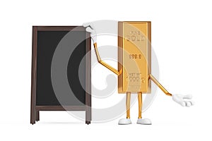 Golden Bar Cartoon Person Character Mascot with Blank Wooden Menu Blackboards Outdoor Display. 3d Rendering