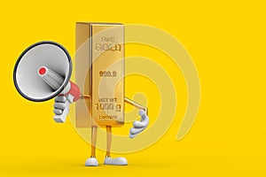 Golden Bar Cartoon Person Character Mascot with Red Retro Megaphone. 3d Rendering