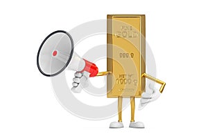 Golden Bar Cartoon Person Character Mascot with Red Retro Megaphone. 3d Rendering