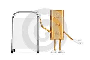 Golden Bar Cartoon Person Character Mascot with White Blank Advertising Promotion Stand. 3d Rendering