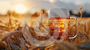 Golden barley field at sunset with a frothy beer mug, representing relaxation and bounty