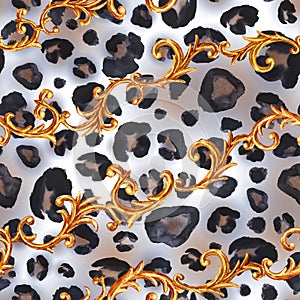 Golden baroque chain glamour leopard seamless pattern. Watercolor hand drawn fashion gold and animal texture