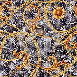 Golden baroque chain glamour snake skin seamless pattern. Watercolor hand drawn fashion gold and animal texture