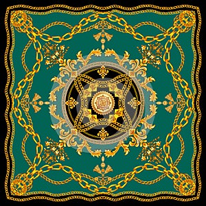 Golden Baroque with Chains on Blue Background. Versace Style Pattern Ready for Textile. Scarf Design for Silk Print.