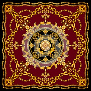 Golden Baroque with Chains on Dark Red Background. Versace Style Pattern Ready for Textile. Scarf Design for Silk Print. photo