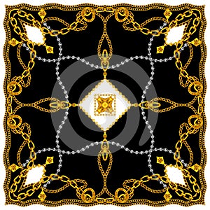 Golden Baroque with Chains. Indian Style Scarf Design for Silk Print. Black Background. Modern Pattern Ready for Textile.