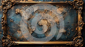 Golden Baroque Frame Enclosing World Map on Textured Background.