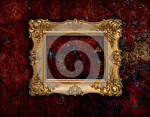 Golden baroque frame on a red grunge texture