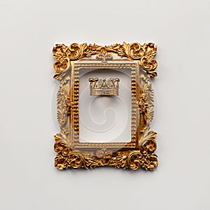 A golden Baroque frame in and a royal crown on a white background.