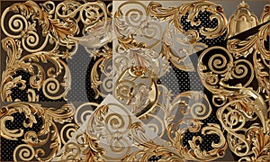 Golden Baroque Silk Shawl Textile Print, Scarf Design for Silk Print. Vintage Style Pattern Ready for Textile. Square fashion prin
