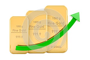 Golden bars with growth green arrow, 3D rendering