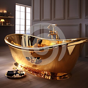 Golden bathtub in vintage bathroom luxury