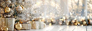 Golden baubles adorn christmas tree with presents, white merry christmas holiday background